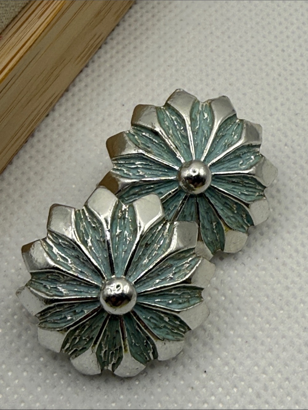 Pretty vintage Kramer Silver toneFloral Petal Clip-On Earrings Pale Teal